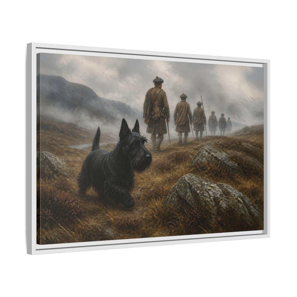 Side Mockup 10. Scottish Terrier And Highlanders shown as framed canvas print