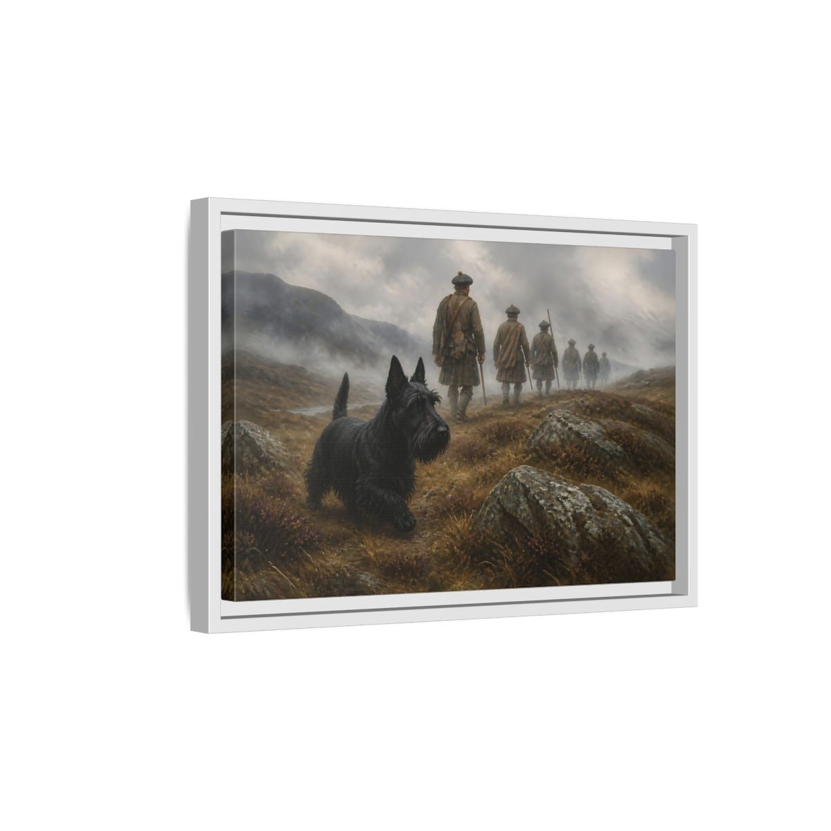 Side Mockup 4. Scottish Terrier And Highlanders shown as framed canvas print