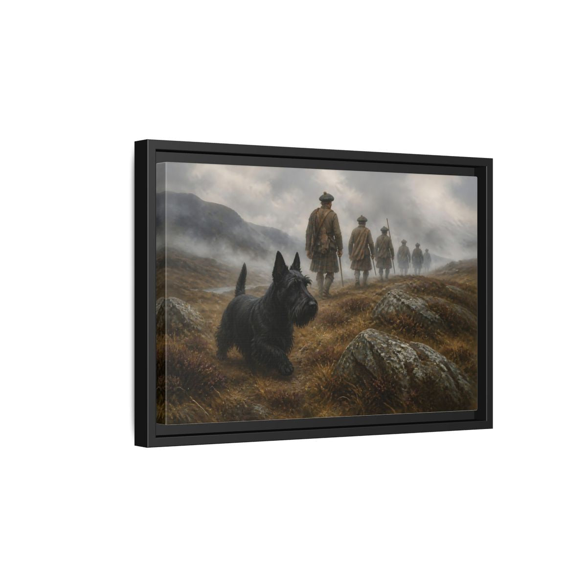 Side Mockup 6. Scottish Terrier And Highlanders shown as framed canvas print