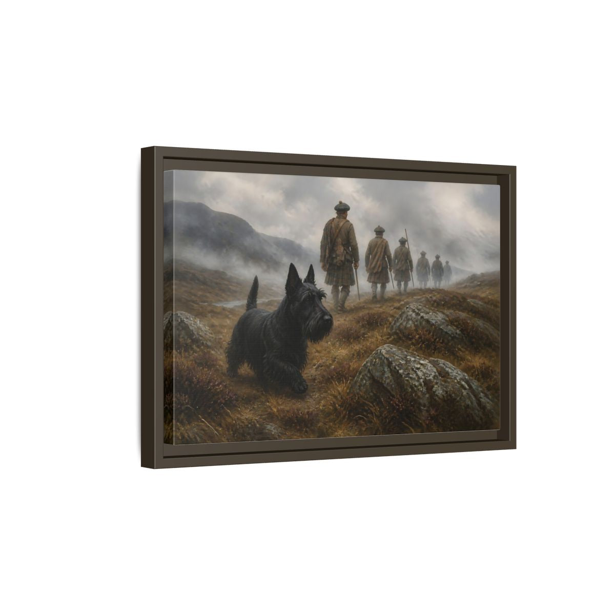 Side Mockup 5. Scottish Terrier And Highlanders shown as framed canvas print