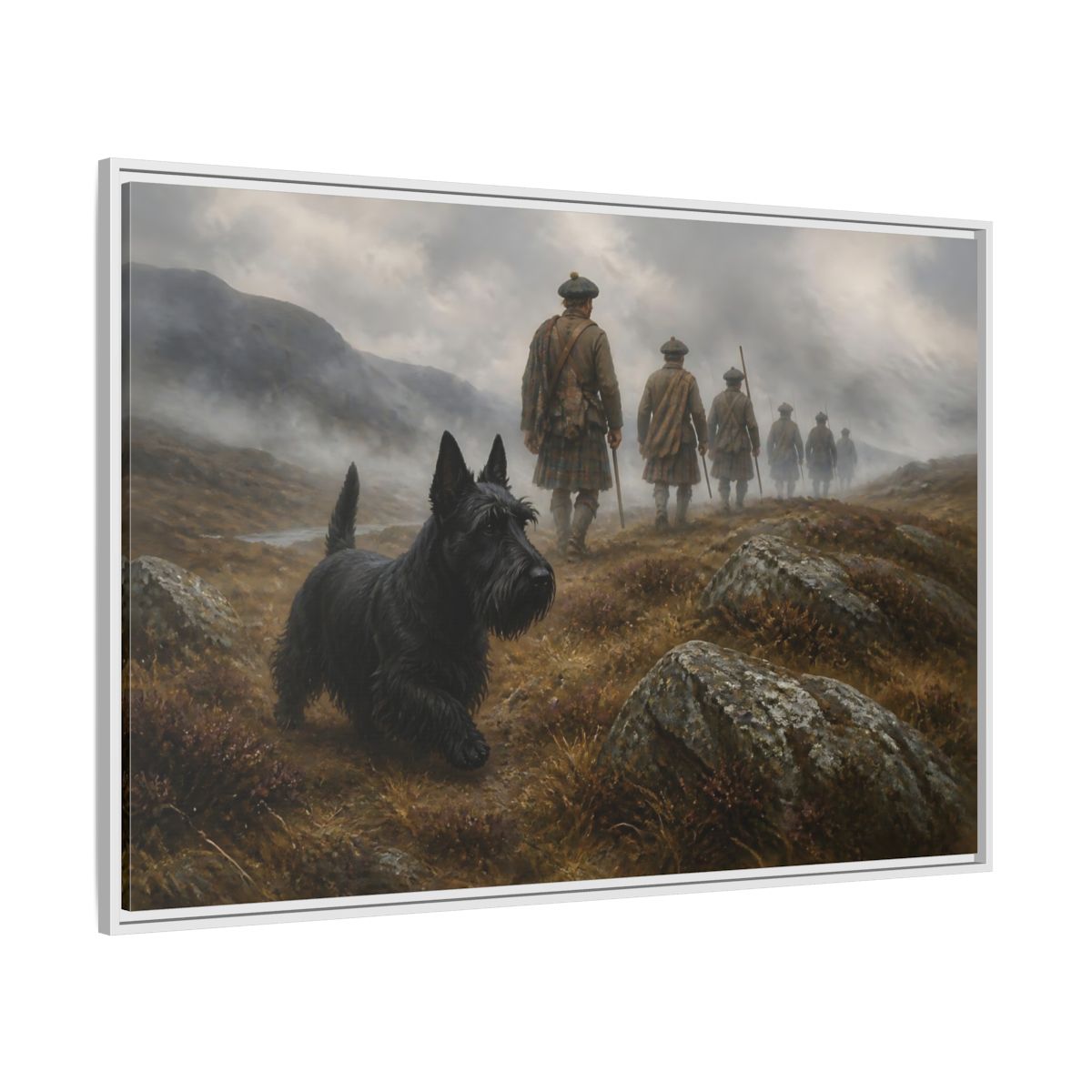 Side Mockup 7. Scottish Terrier And Highlanders shown as framed canvas print
