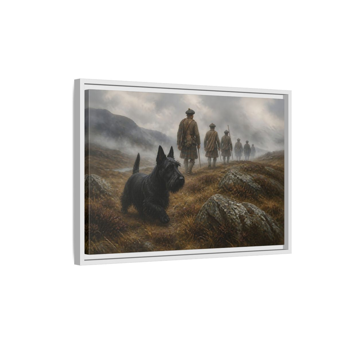 Side Mockup 1. Scottish Terrier And Highlanders shown as framed canvas print