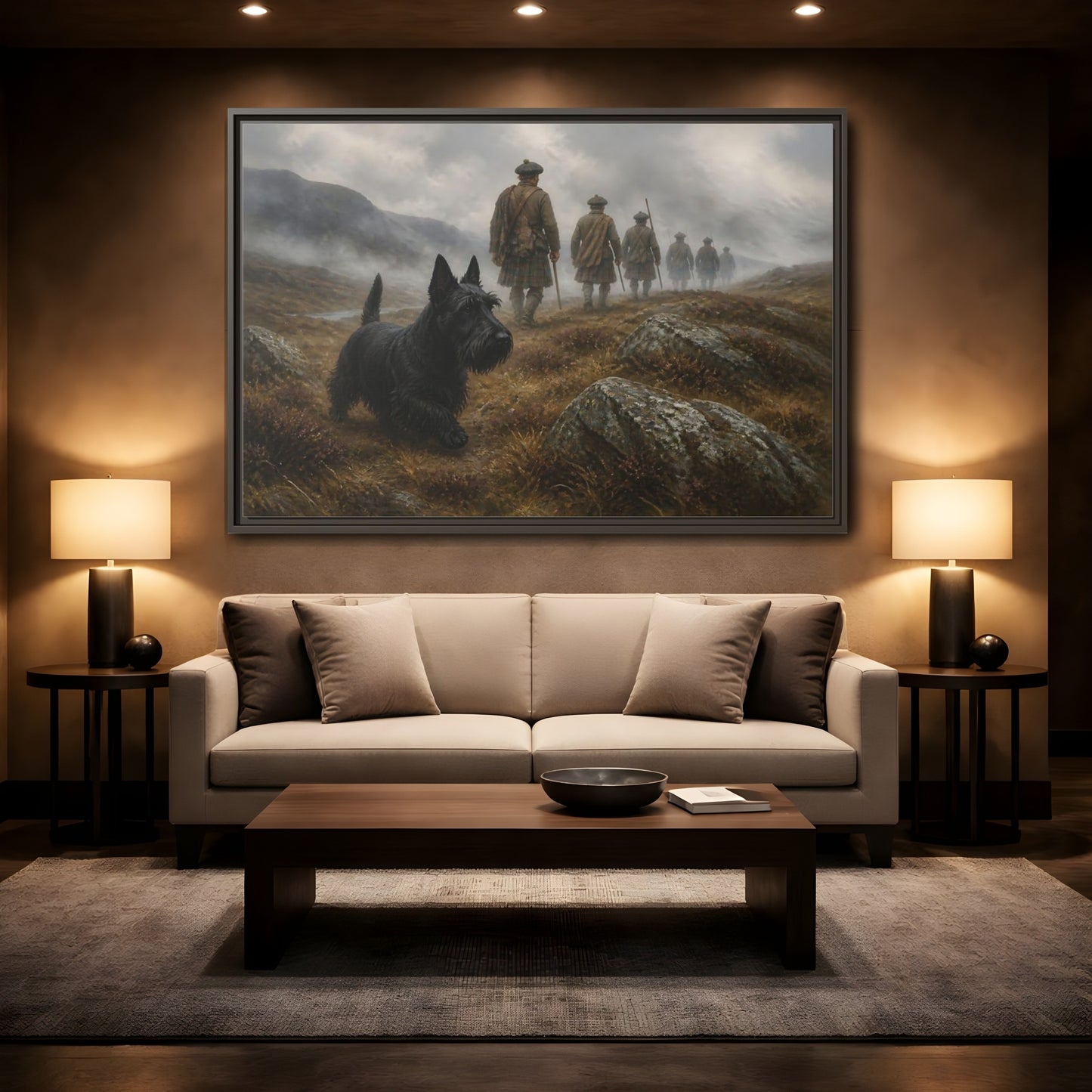 Mockup 2. Scottish Terrier And Highlanders shown as framed canvas print