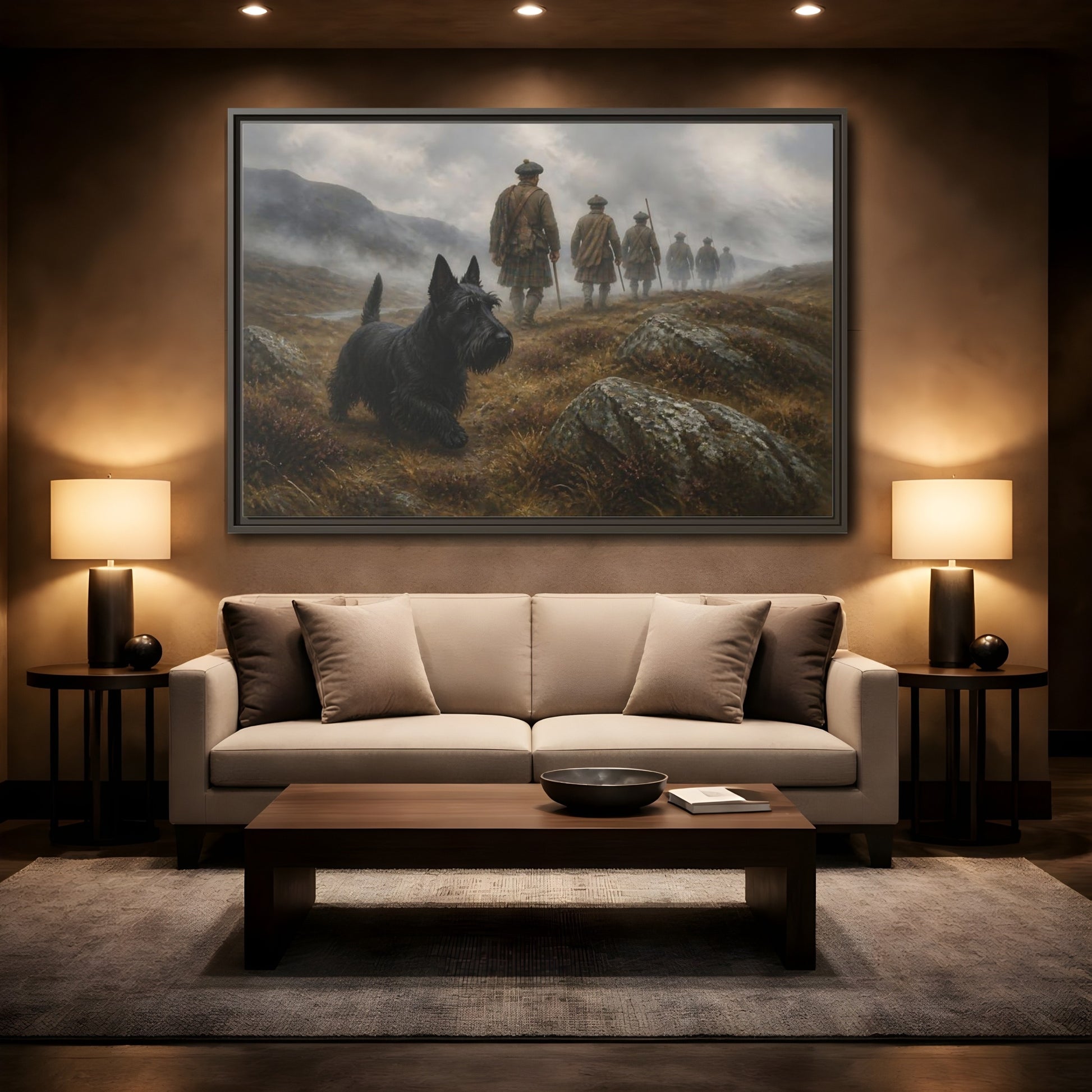 Mockup 2. Scottish Terrier And Highlanders shown as framed canvas print