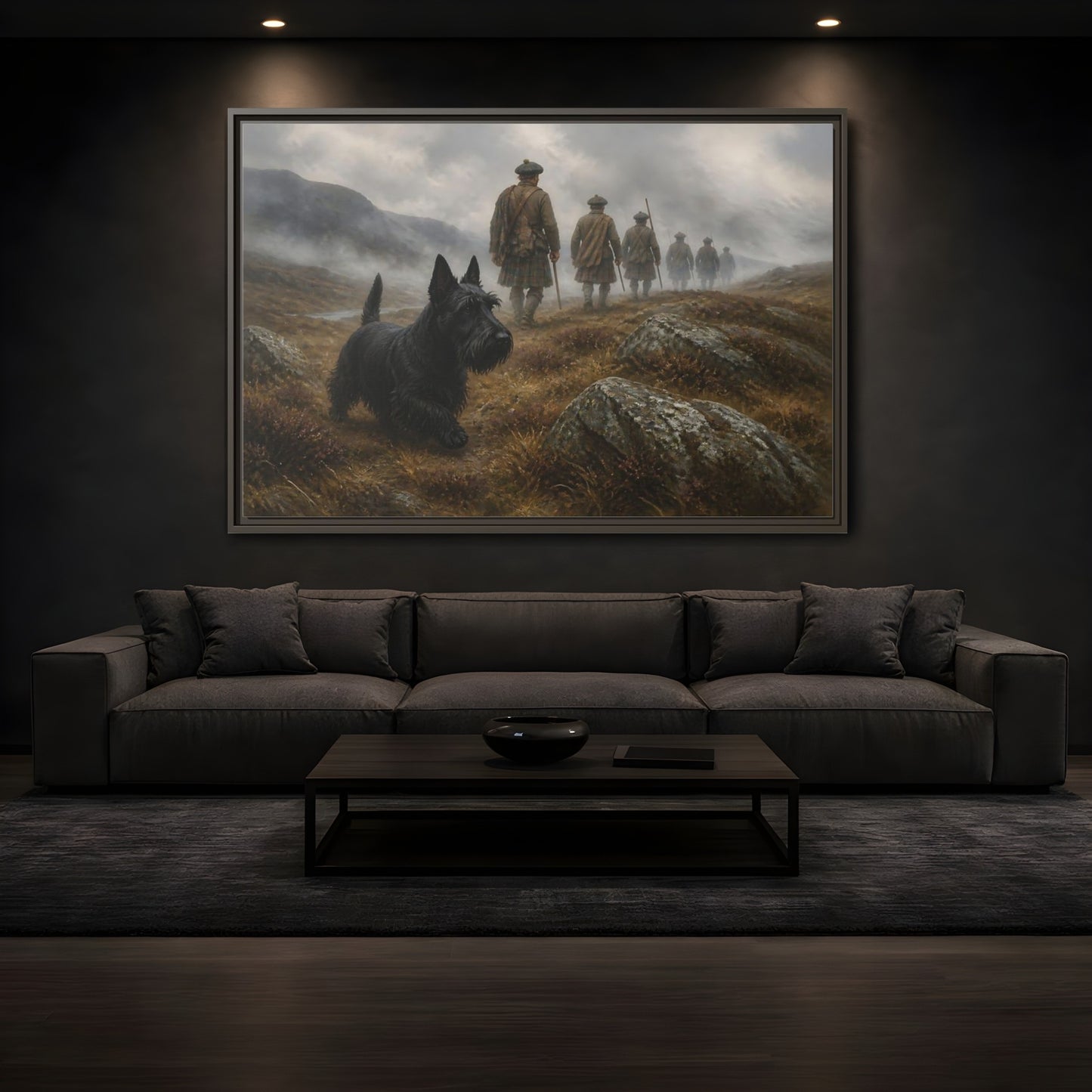 Mockup 3. Scottish Terrier And Highlanders shown as framed canvas print