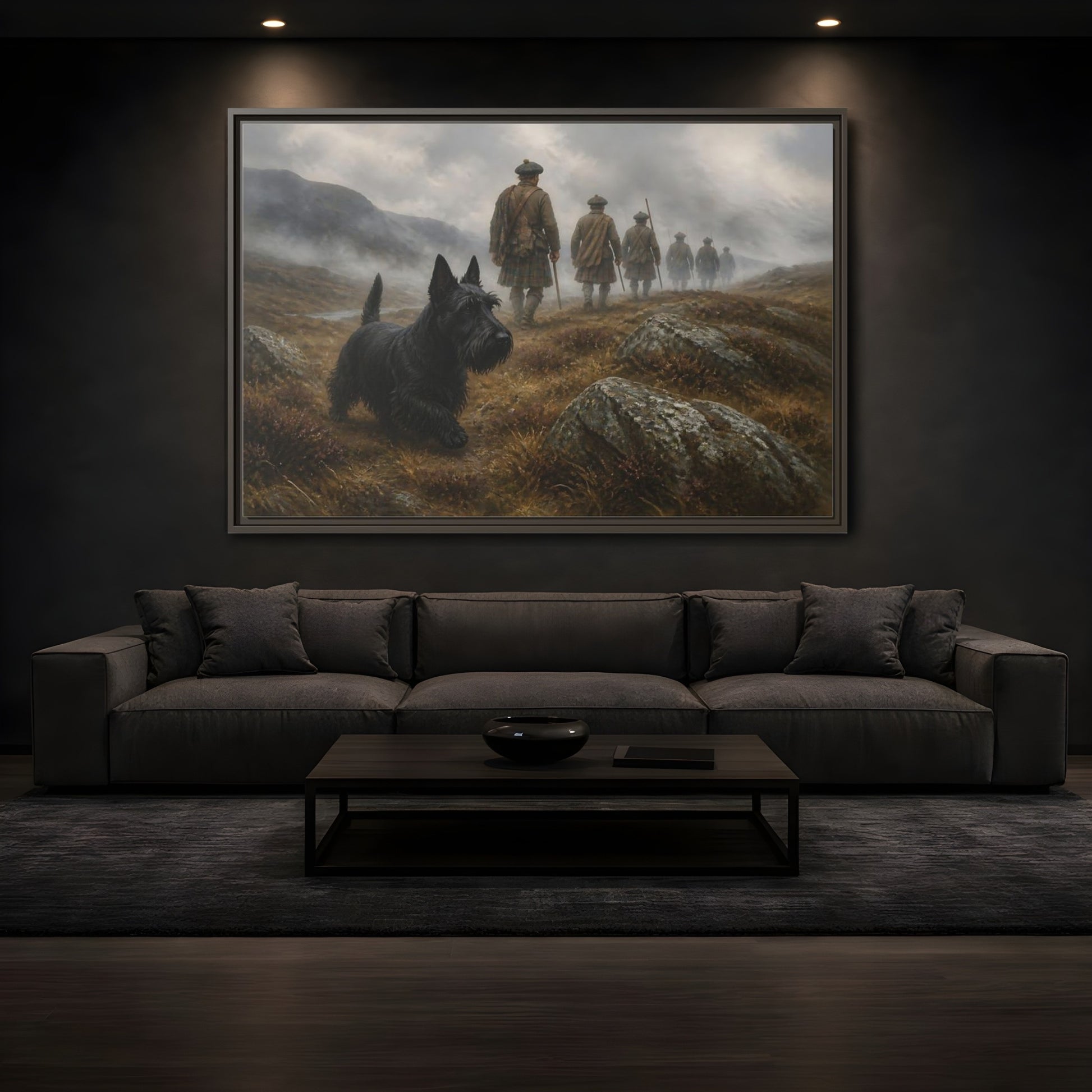 Mockup 3. Scottish Terrier And Highlanders shown as framed canvas print