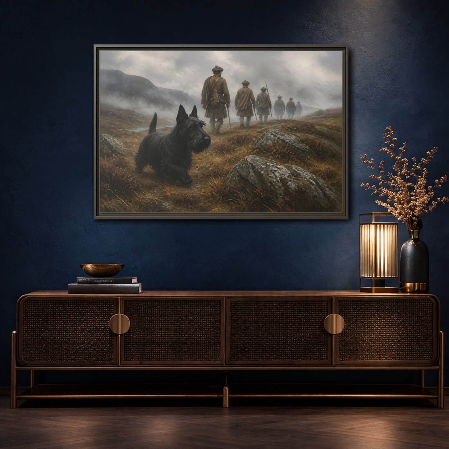 Mockup 4. Scottish Terrier And Highlanders shown as framed canvas print