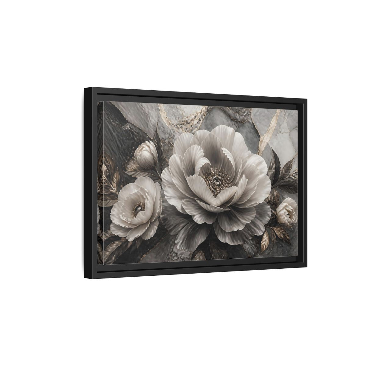 Side Mockup 6. Sculptural Gray Peony shown as framed canvas print