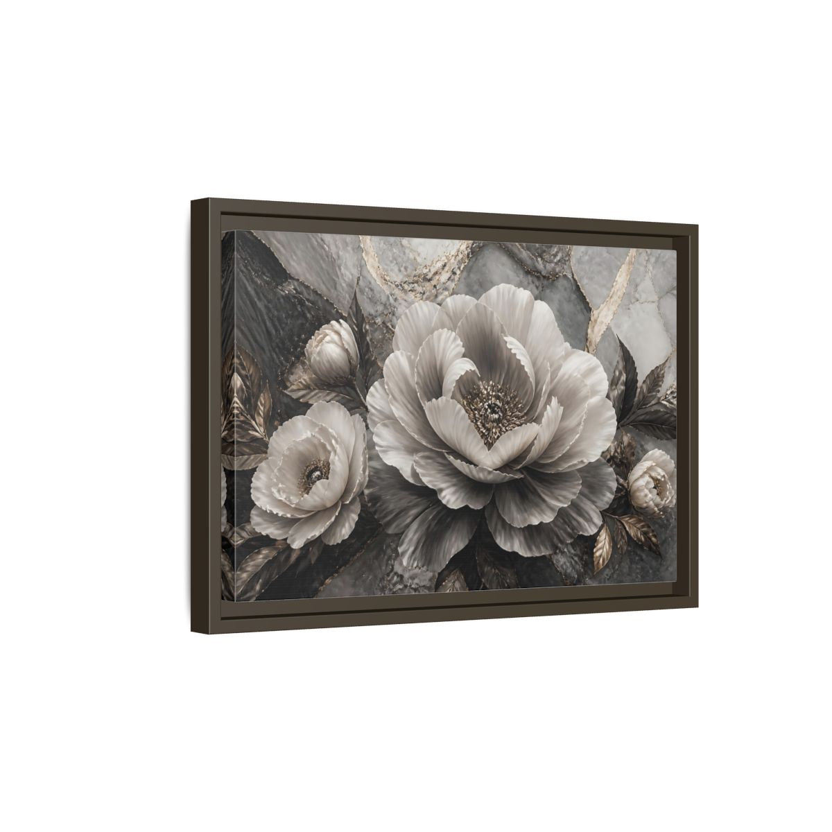 Side Mockup 5. Sculptural Gray Peony shown as framed canvas print