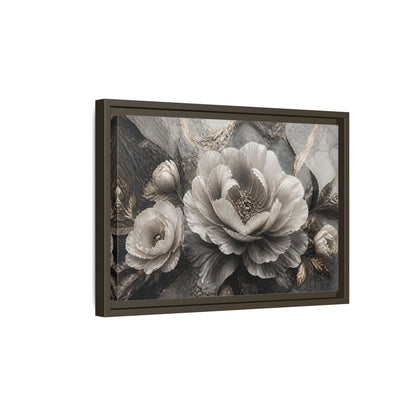 Side Mockup 5. Sculptural Gray Peony shown as framed canvas print
