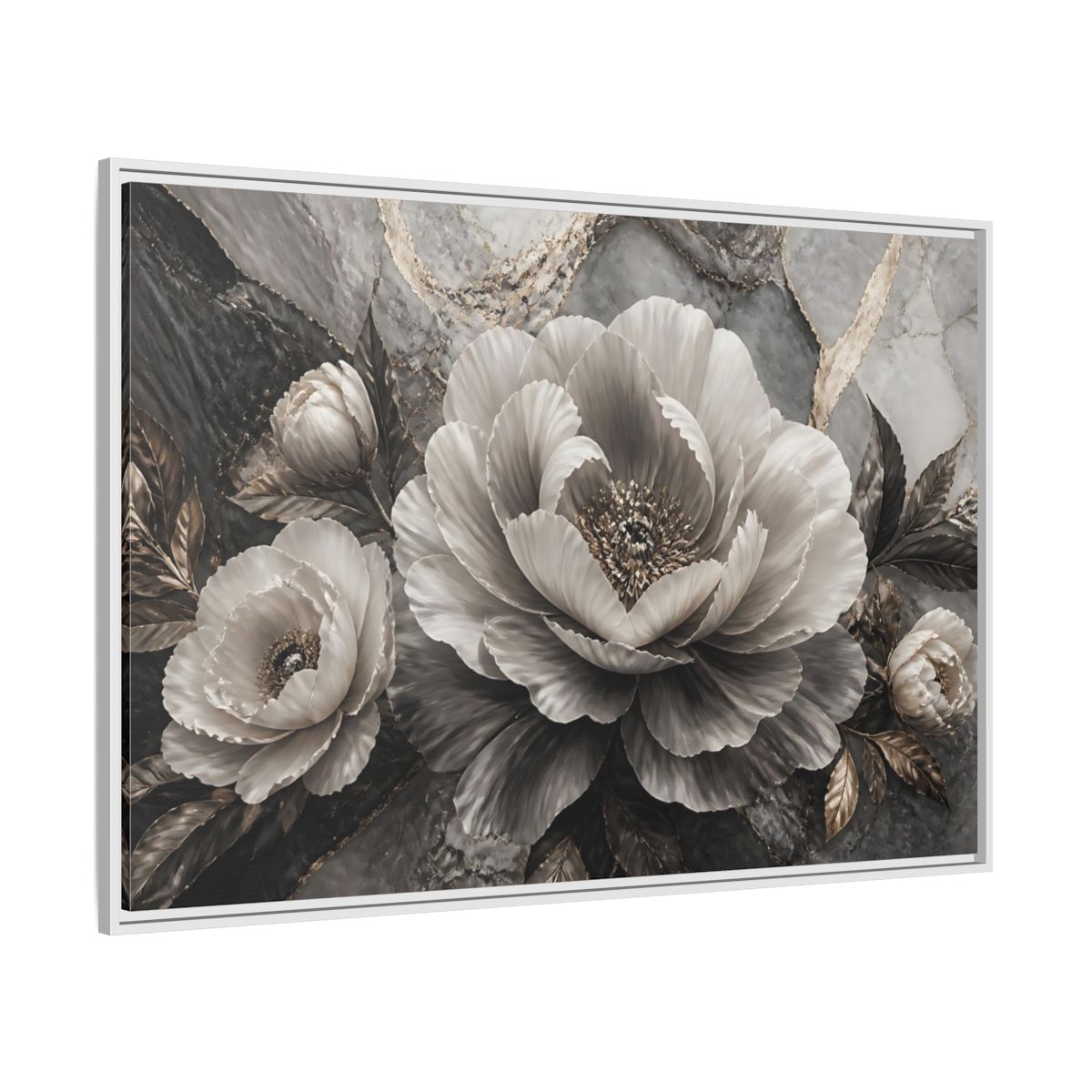 Side Mockup 7. Sculptural Gray Peony shown as framed canvas print