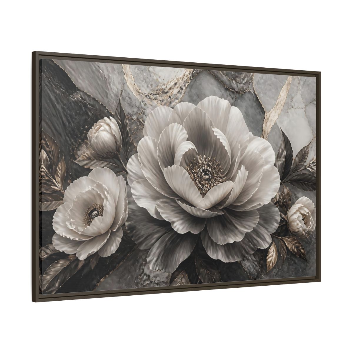 Side Mockup 8. Sculptural Gray Peony shown as framed canvas print