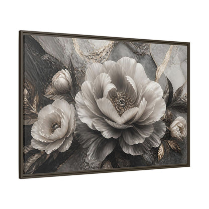 Side Mockup 8. Sculptural Gray Peony shown as framed canvas print