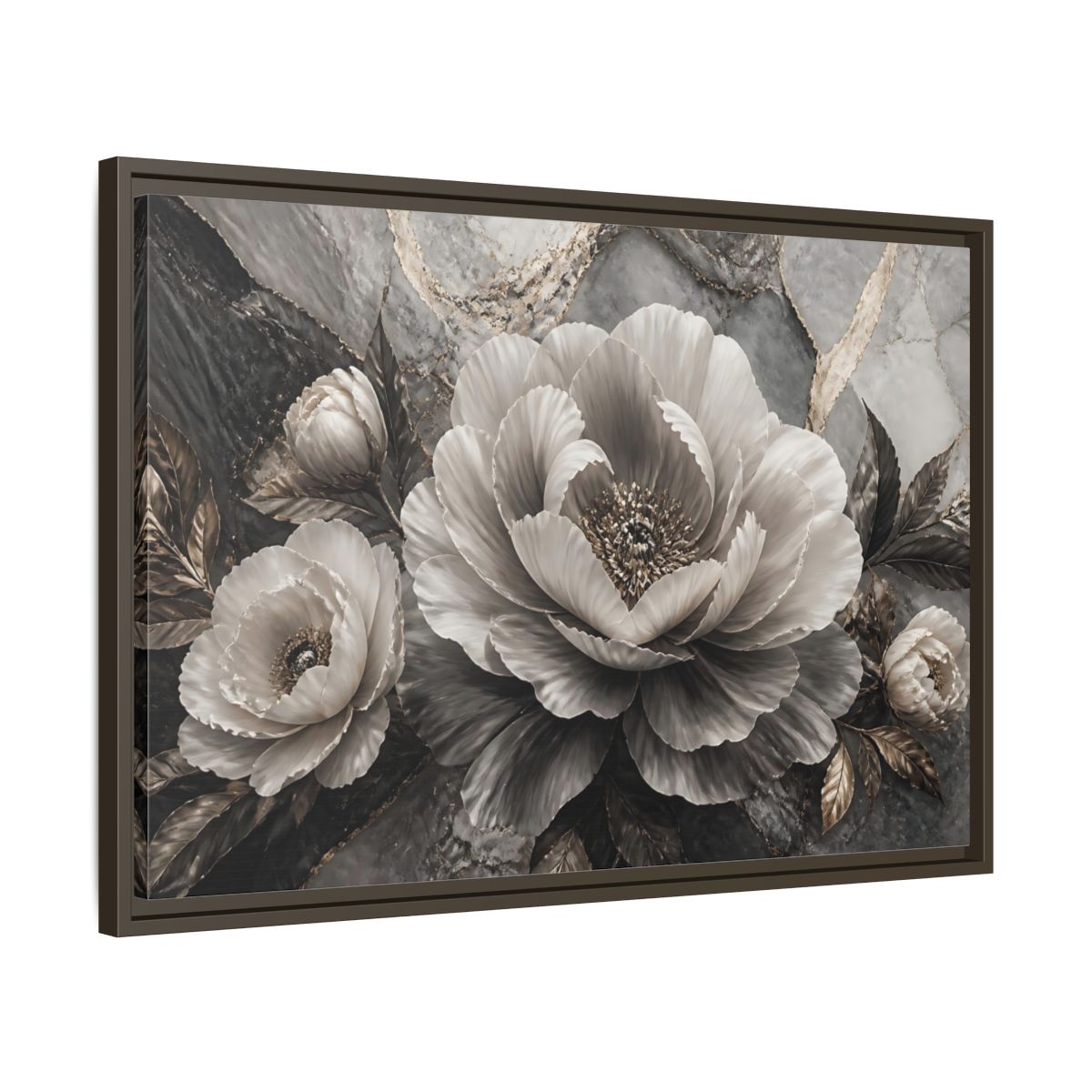 Side Mockup 11. Sculptural Gray Peony shown as framed canvas print