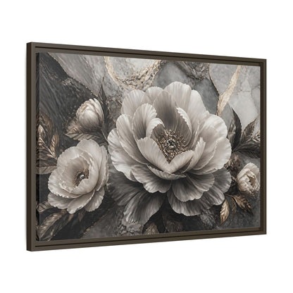 Side Mockup 11. Sculptural Gray Peony shown as framed canvas print