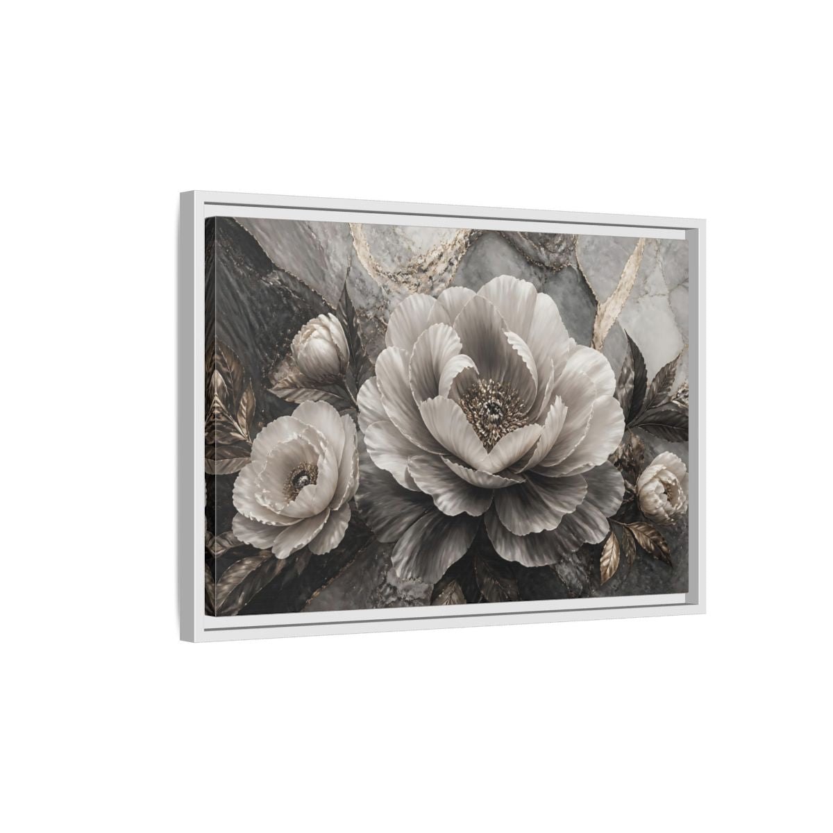 Side Mockup 1. Sculptural Gray Peony shown as framed canvas print