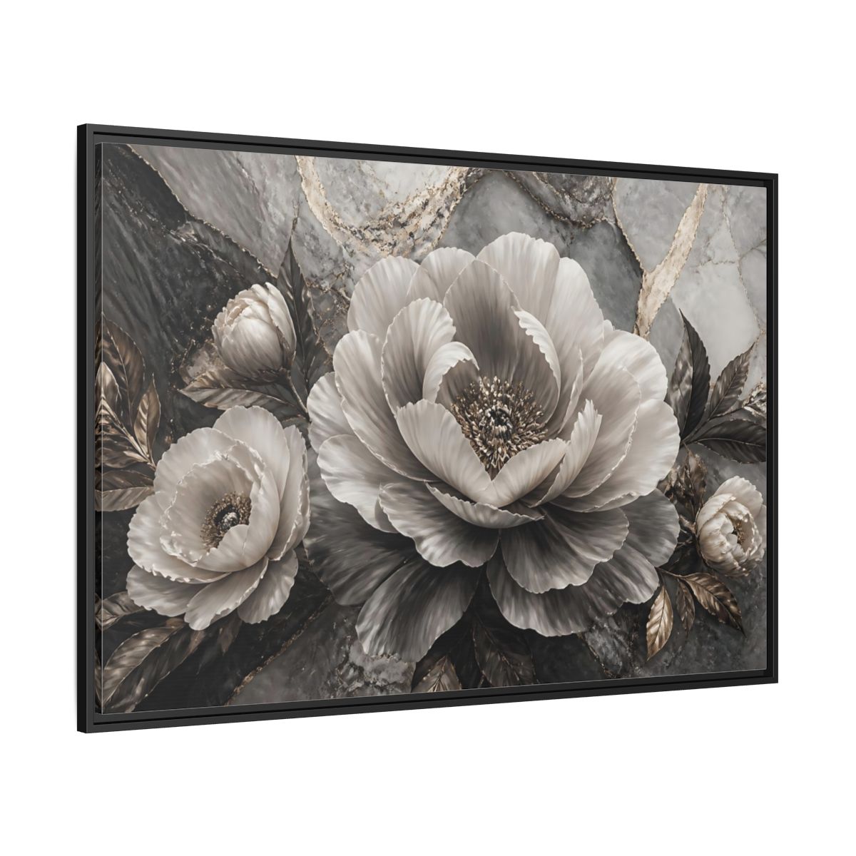 Side Mockup 12. Sculptural Gray Peony shown as framed canvas print
