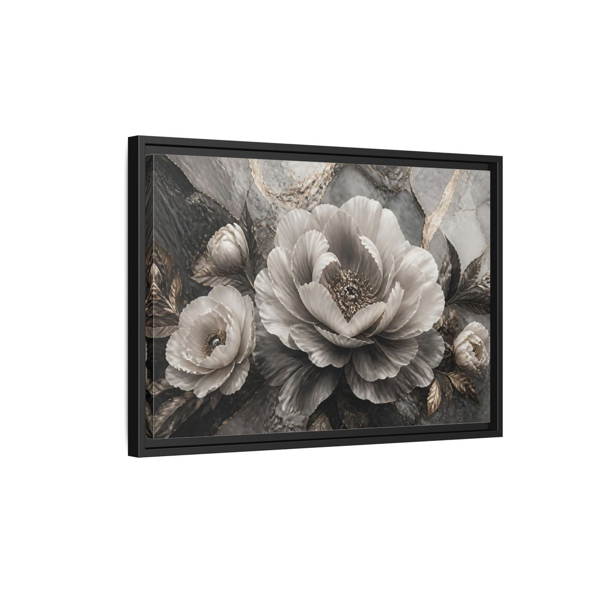 Side Mockup 3. Sculptural Gray Peony shown as framed canvas print