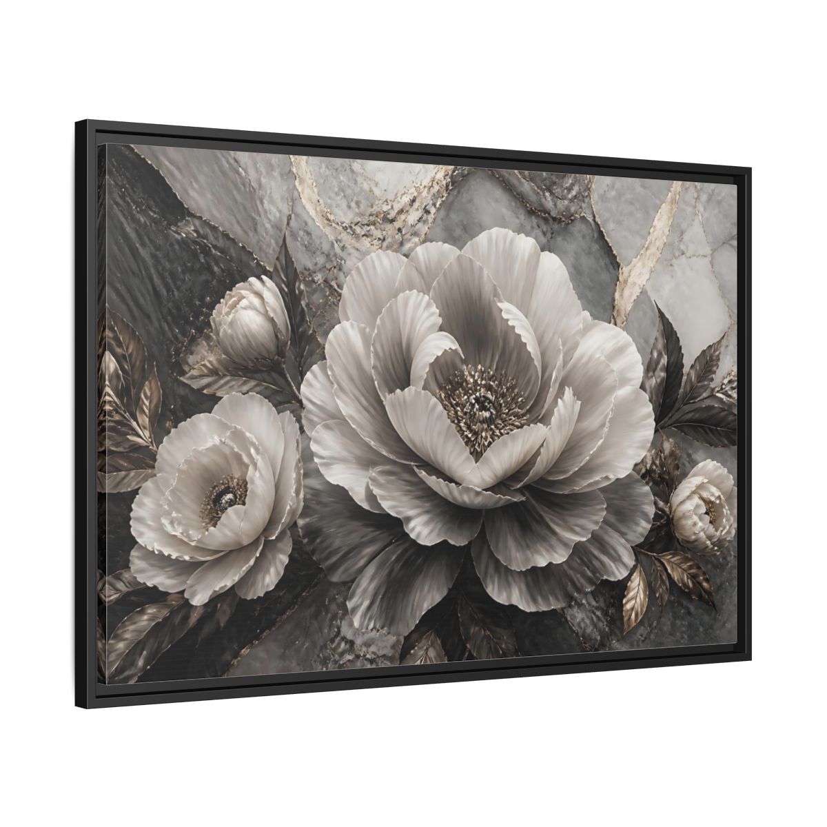 Side Mockup 13. Sculptural Gray Peony shown as framed canvas print