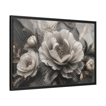 Side Mockup 13. Sculptural Gray Peony shown as framed canvas print