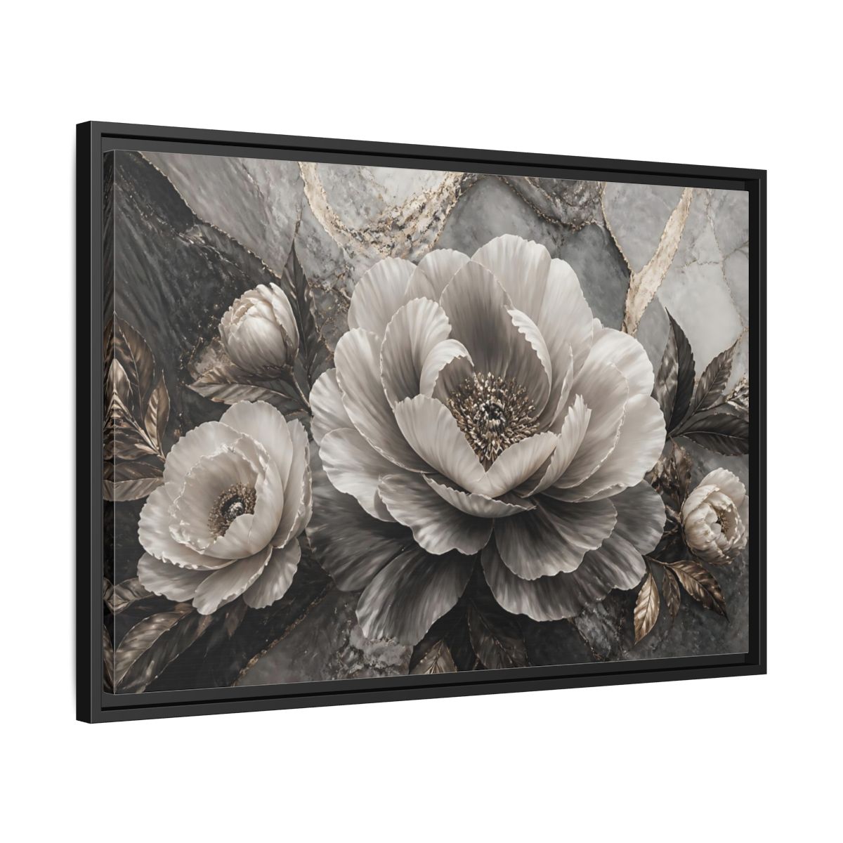 Side Mockup 14. Sculptural Gray Peony shown as framed canvas print