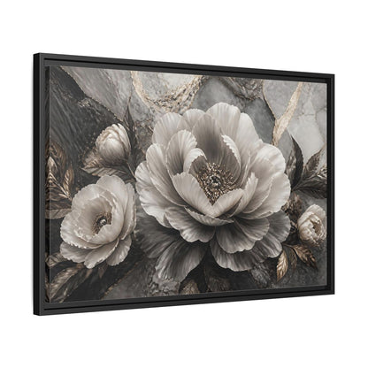 Side Mockup 14. Sculptural Gray Peony shown as framed canvas print