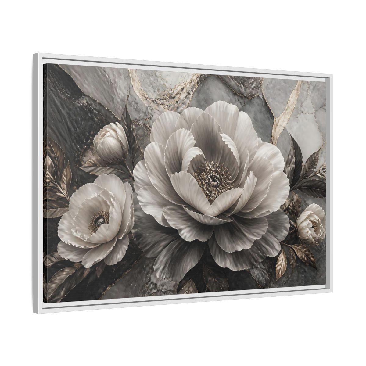 Side Mockup 9. Sculptural Gray Peony shown as framed canvas print