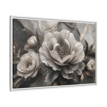 Side Mockup 9. Sculptural Gray Peony shown as framed canvas print