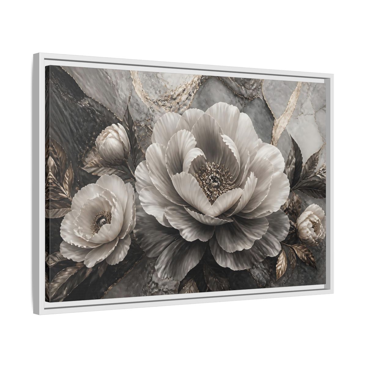 Side Mockup 10. Sculptural Gray Peony shown as framed canvas print