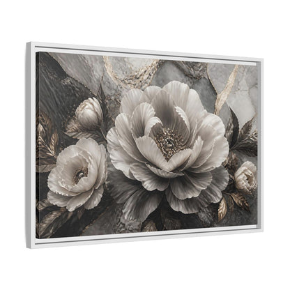 Side Mockup 10. Sculptural Gray Peony shown as framed canvas print