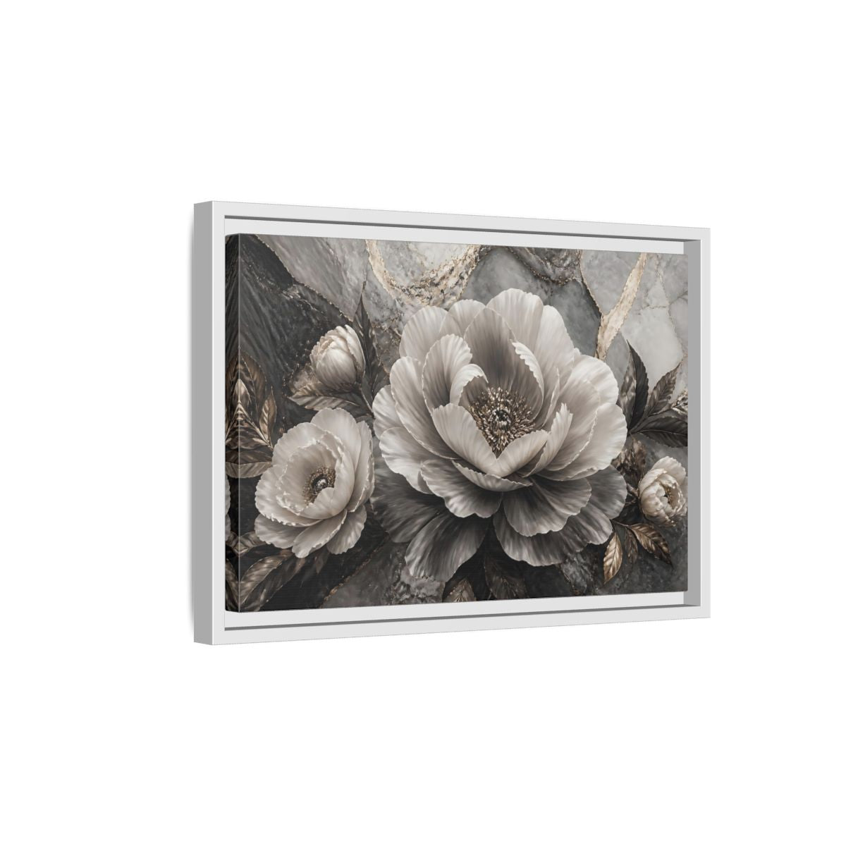 Side Mockup 4. Sculptural Gray Peony shown as framed canvas print