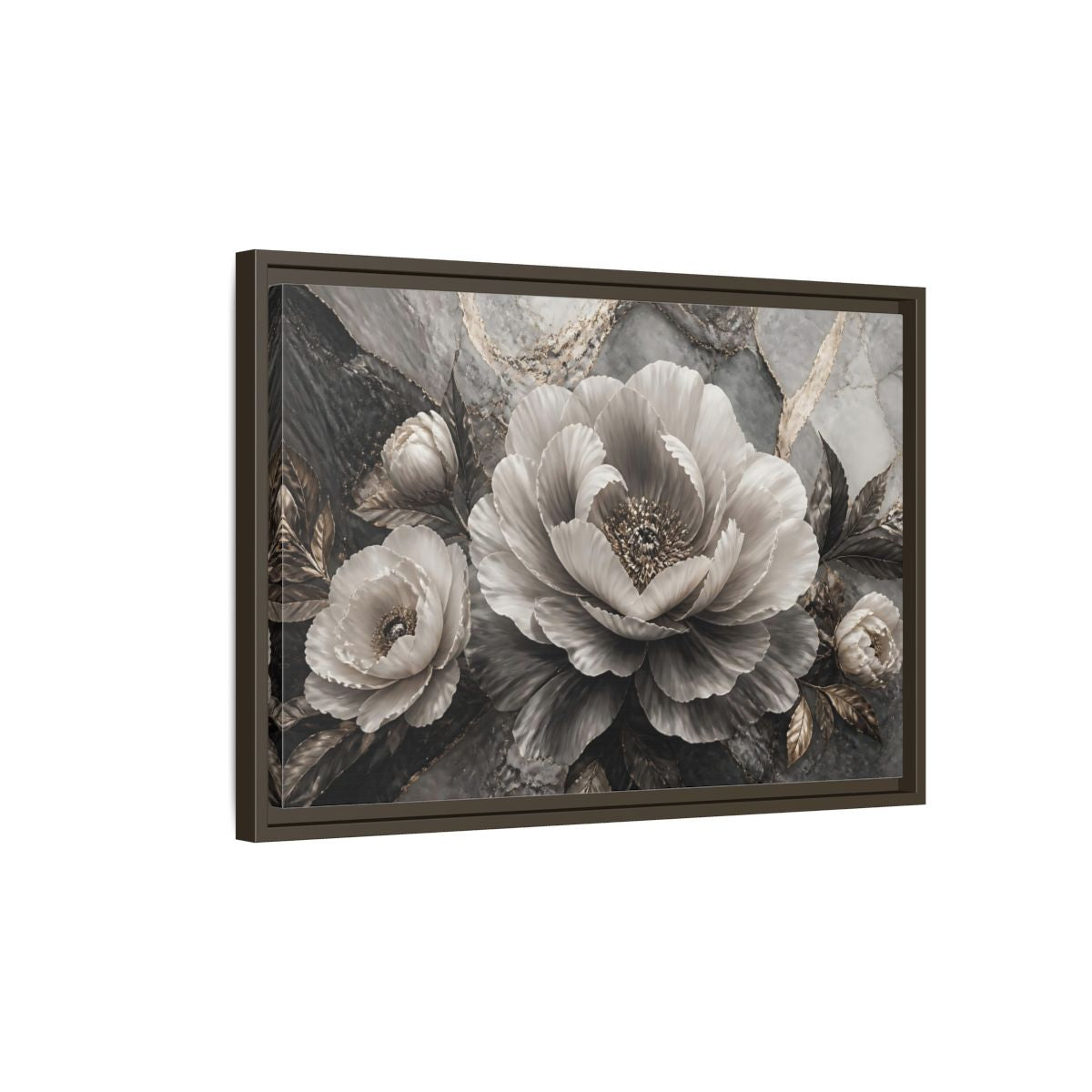 Side Mockup 2. Sculptural Gray Peony shown as framed canvas print