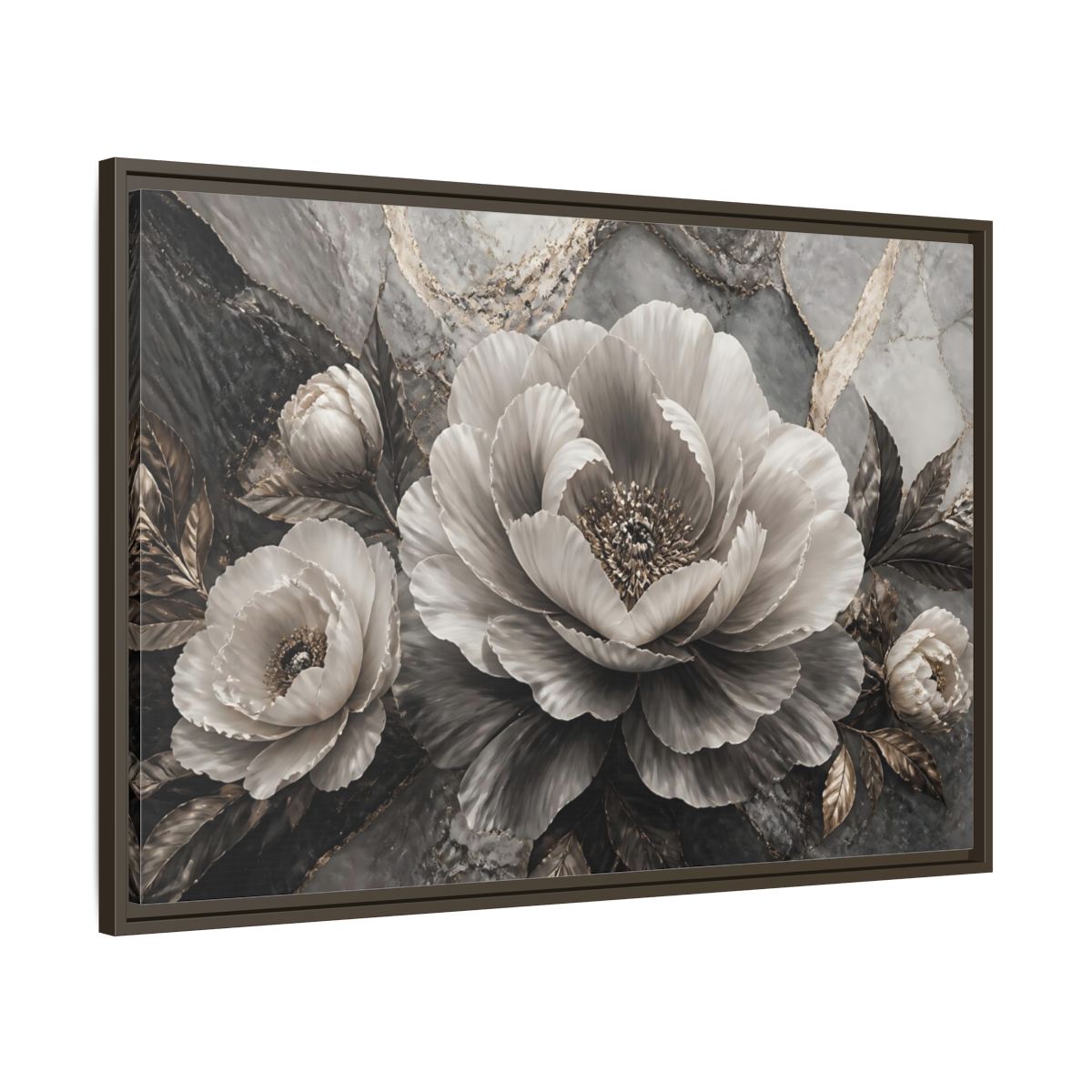 Main Mockup. Sculptural Gray Peony shown as framed canvas print