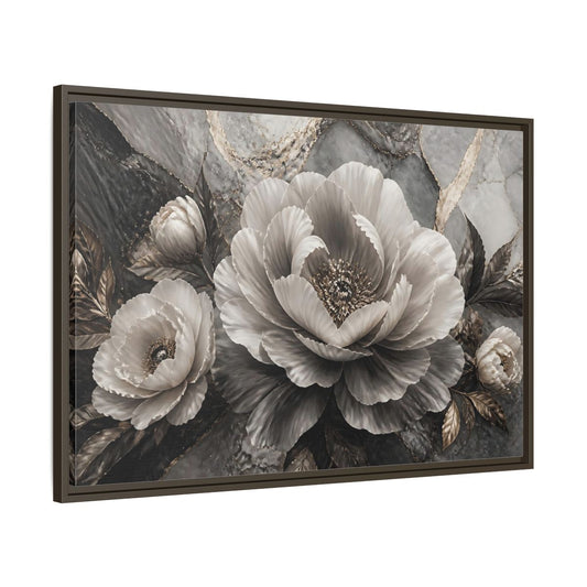 Main Mockup. Sculptural Gray Peony shown as framed canvas print