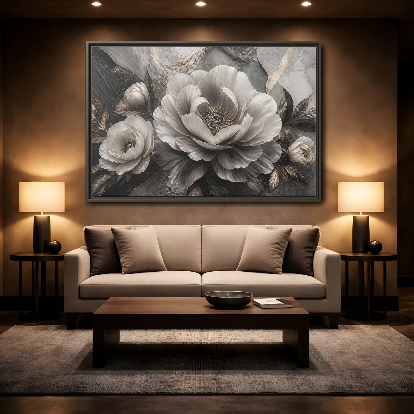 Mockup 2. Sculptural Gray Peony shown as framed canvas print