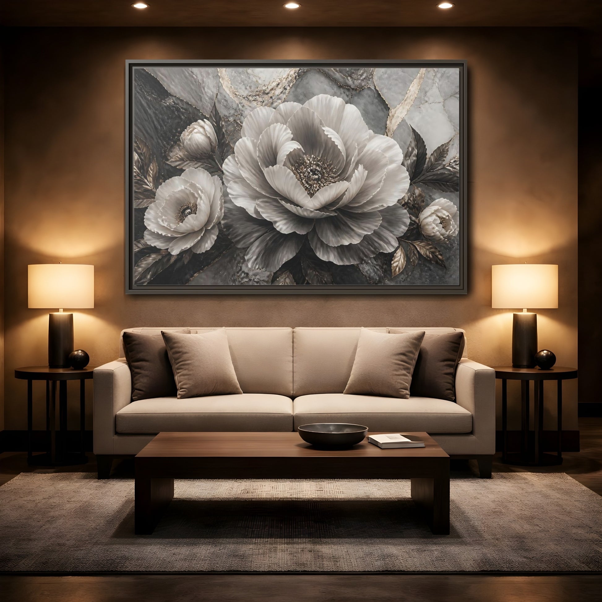 Mockup 2. Sculptural Gray Peony shown as framed canvas print