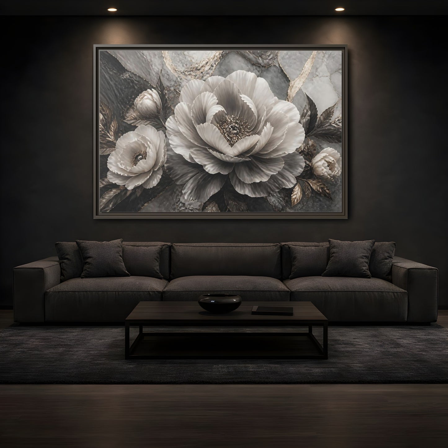 Mockup 3. Sculptural Gray Peony shown as framed canvas print