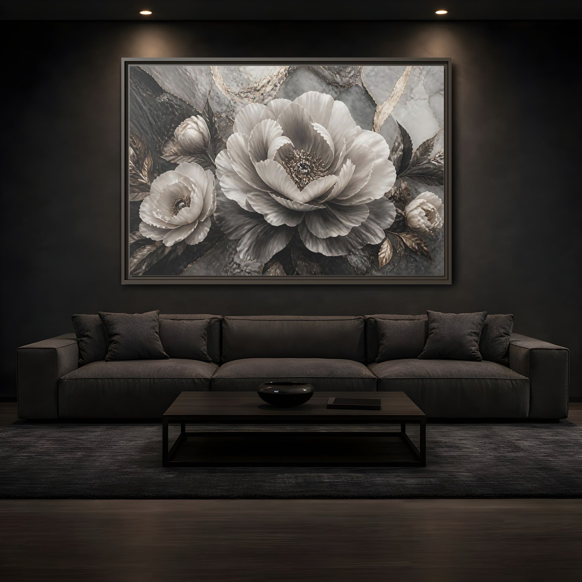 Mockup 3. Sculptural Gray Peony shown as framed canvas print