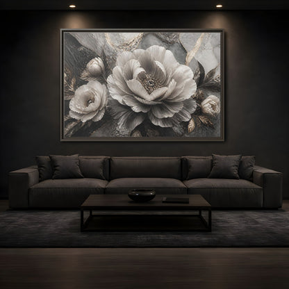 Mockup 3. Sculptural Gray Peony shown as framed canvas print