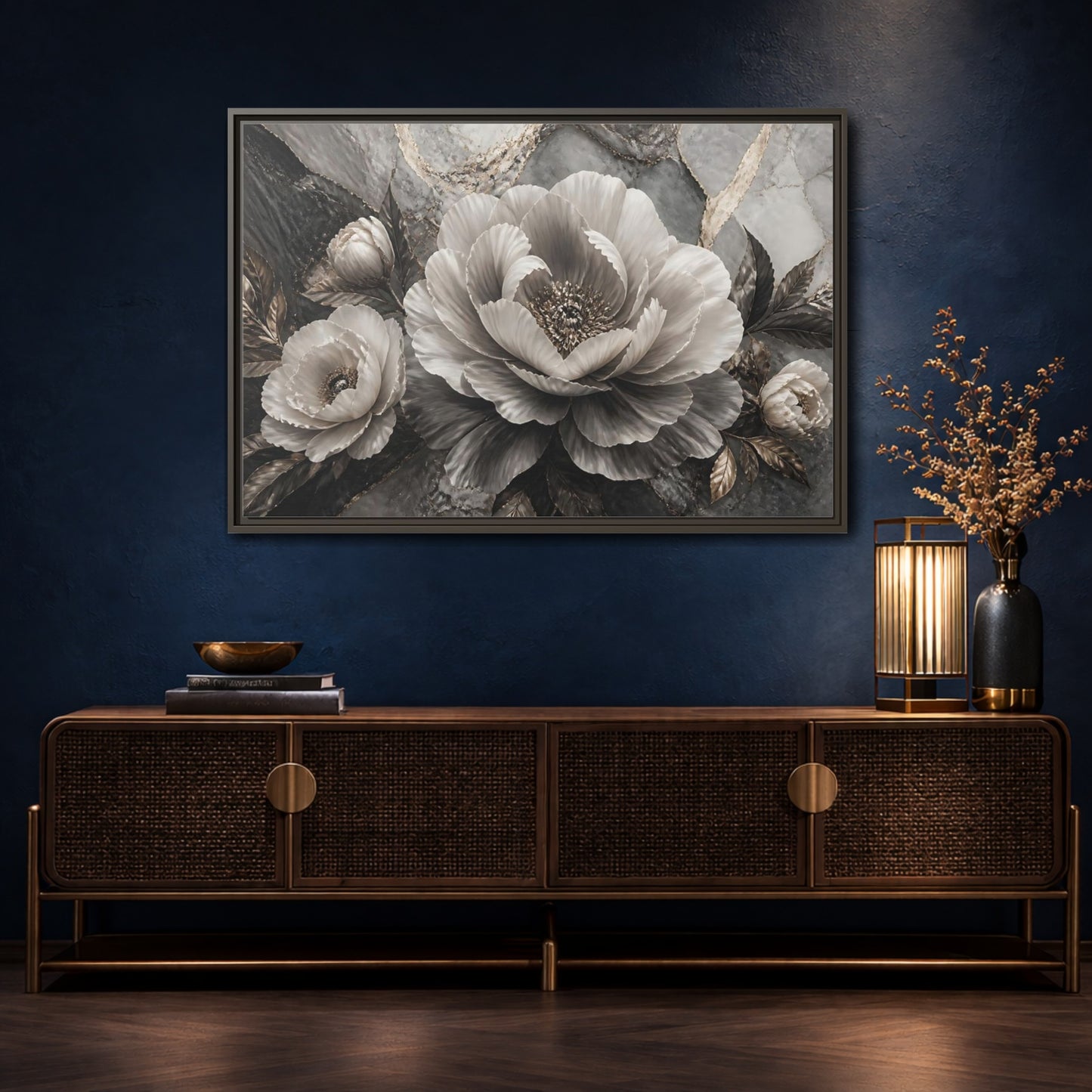 Mockup 4. Sculptural Gray Peony shown as framed canvas print