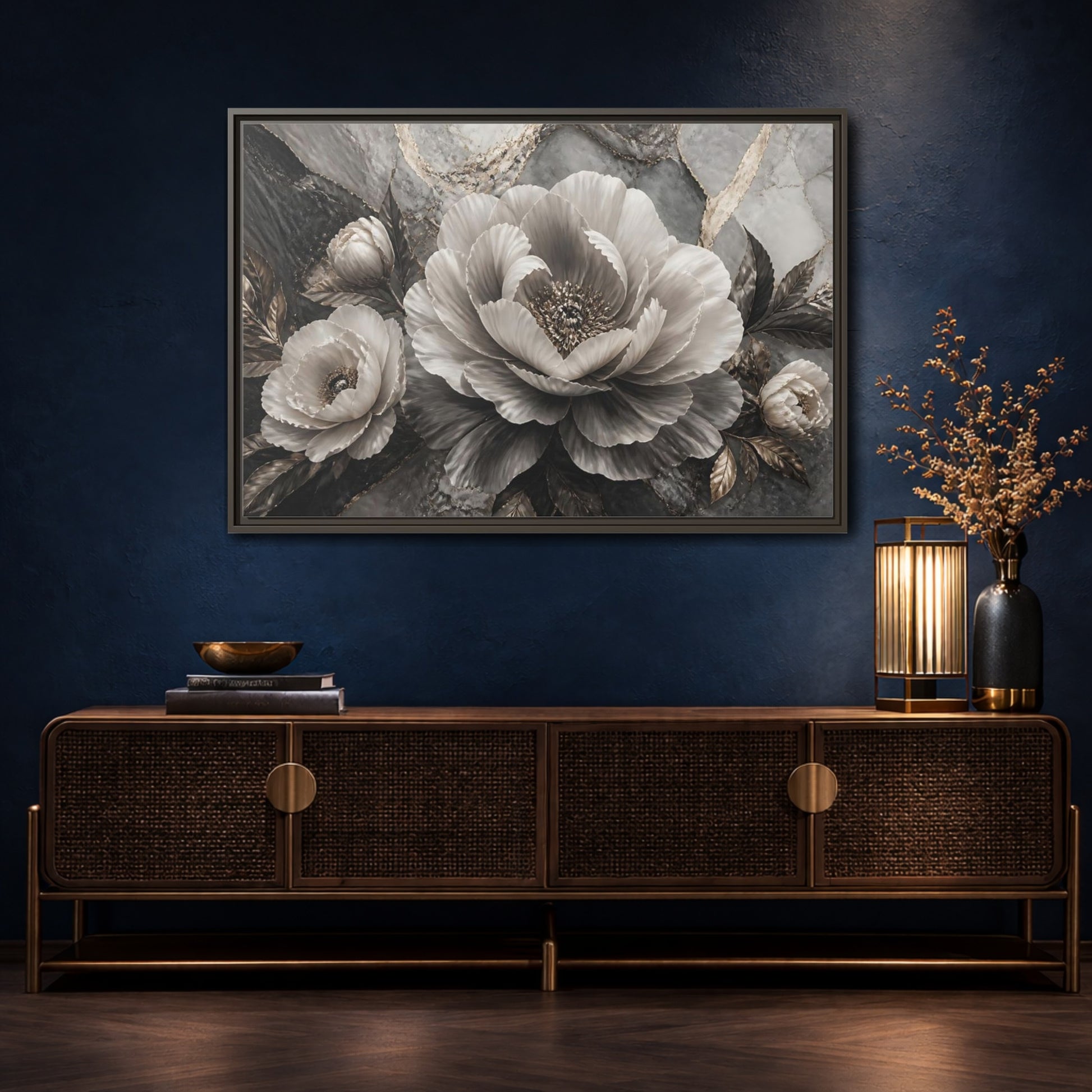 Mockup 4. Sculptural Gray Peony shown as framed canvas print