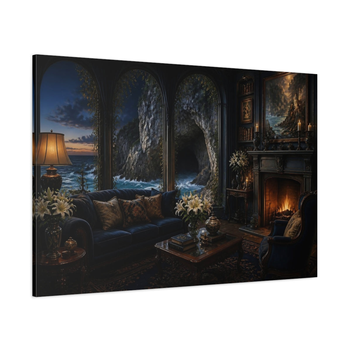 Side Mockup 1. Sea Cave Living Room View shown as canvas print