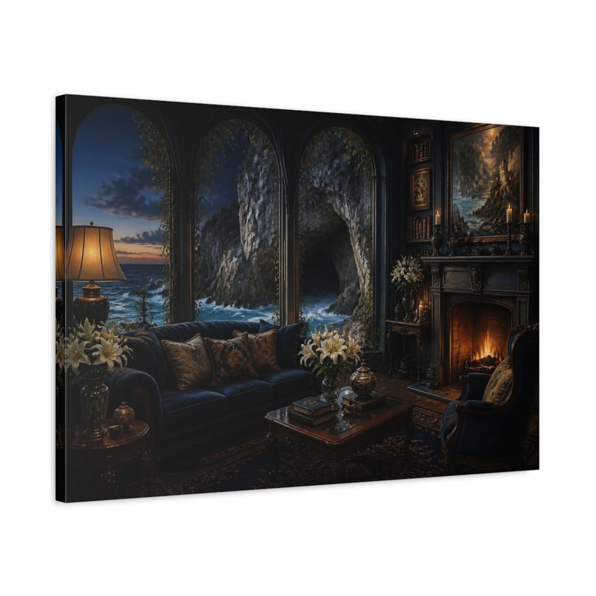 Side Mockup 2. Sea Cave Living Room View shown as canvas print