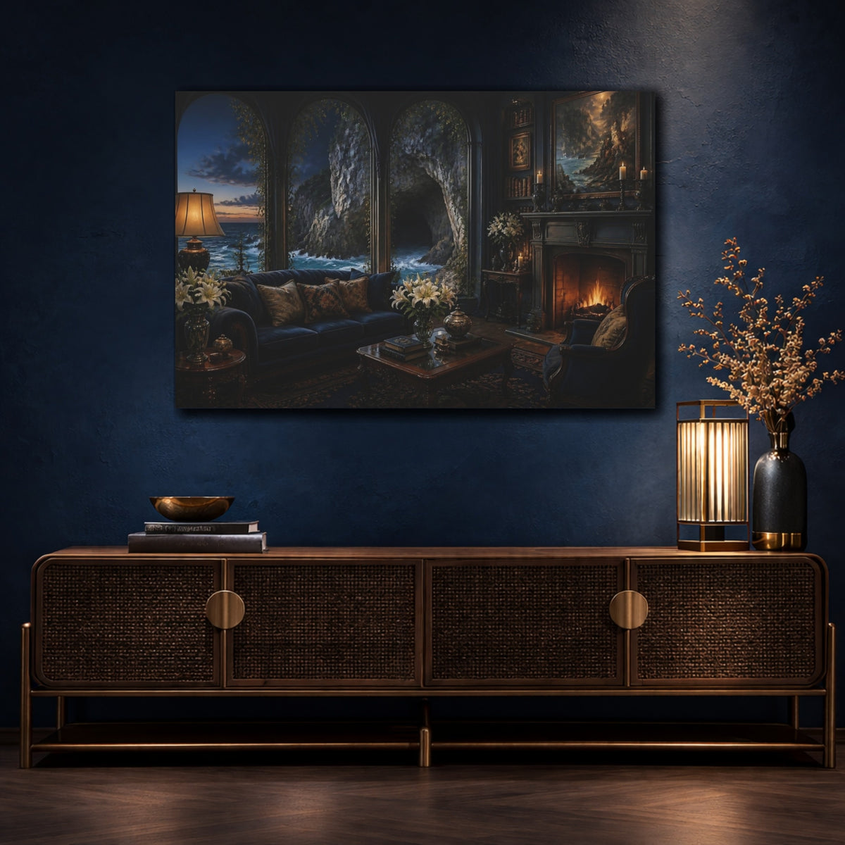 Mockup 4. Sea Cave Living Room View shown as canvas print