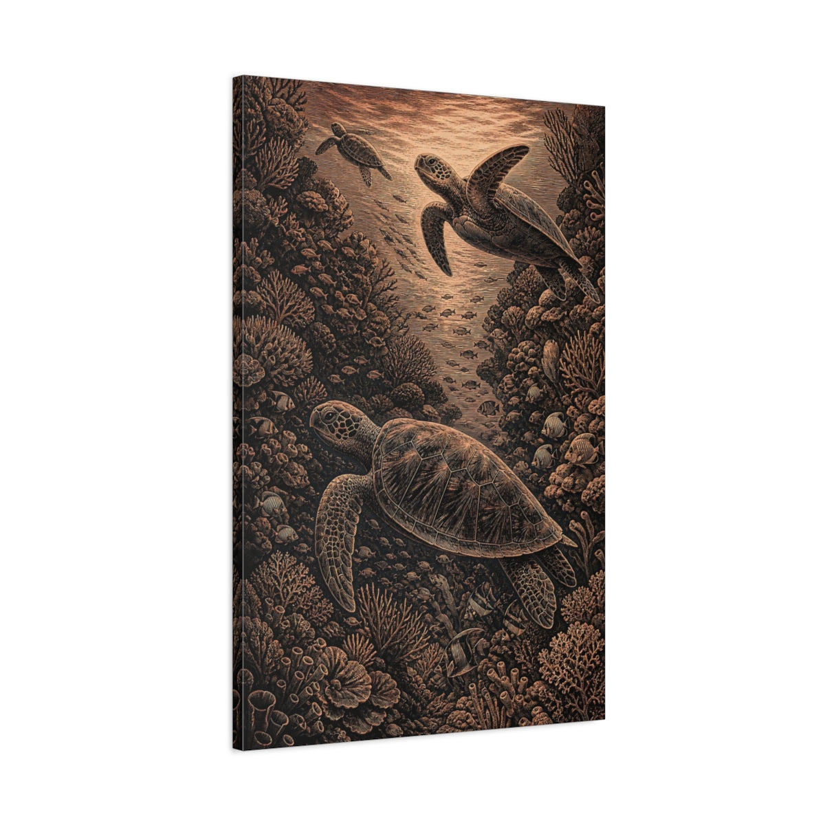 Main Mockup. Sea Turtle Coral Engraving shown as canvas print