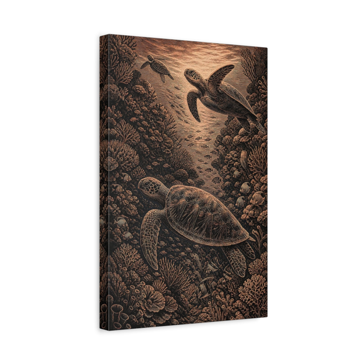 Side Mockup 4. Sea Turtle Coral Engraving shown as canvas print