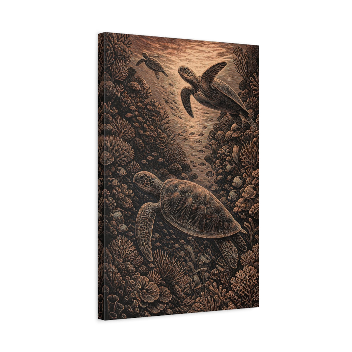 Side Mockup 3. Sea Turtle Coral Engraving shown as canvas print