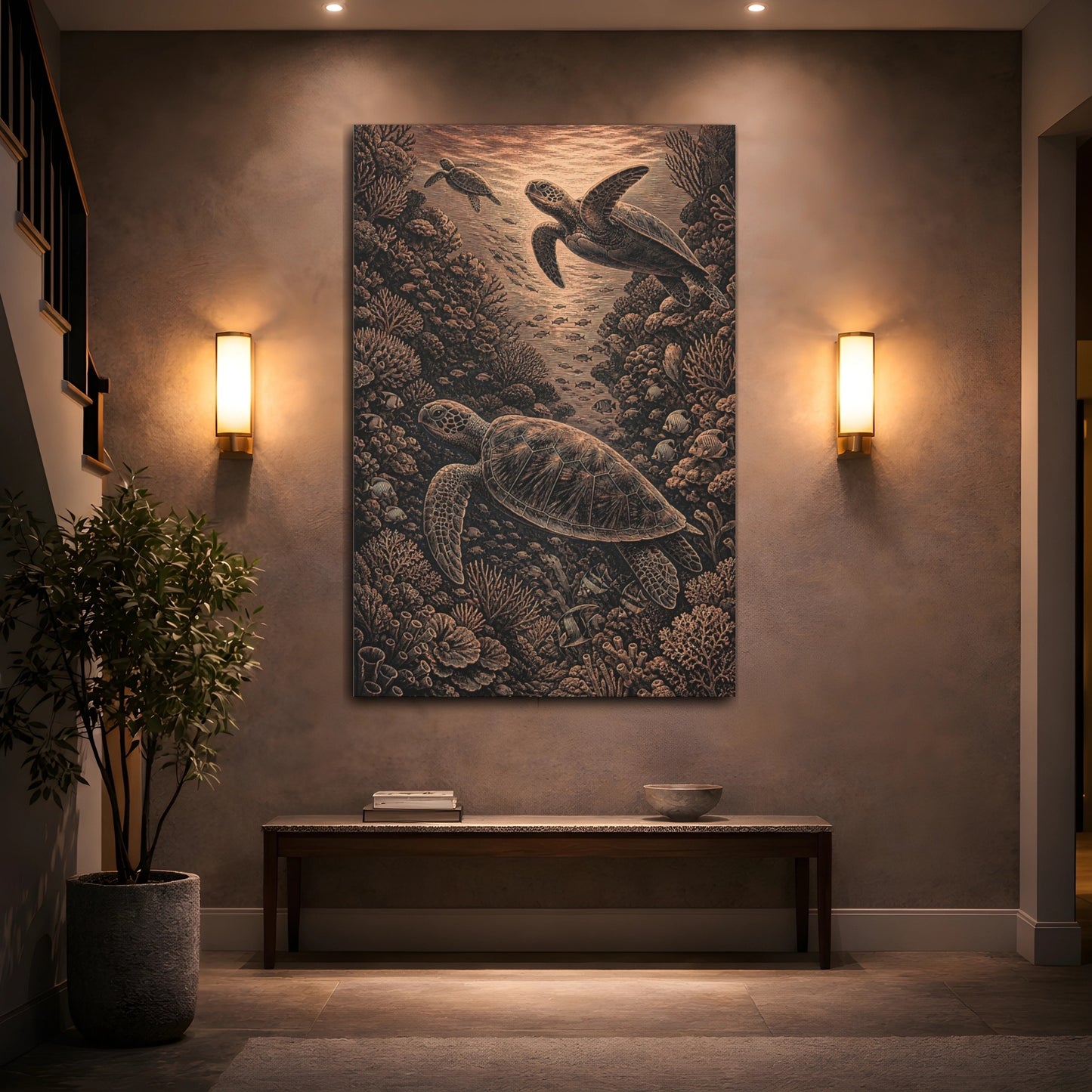 Mockup 2. Sea Turtle Coral Engraving shown as canvas print