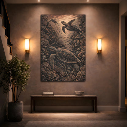 Mockup 2. Sea Turtle Coral Engraving shown as canvas print