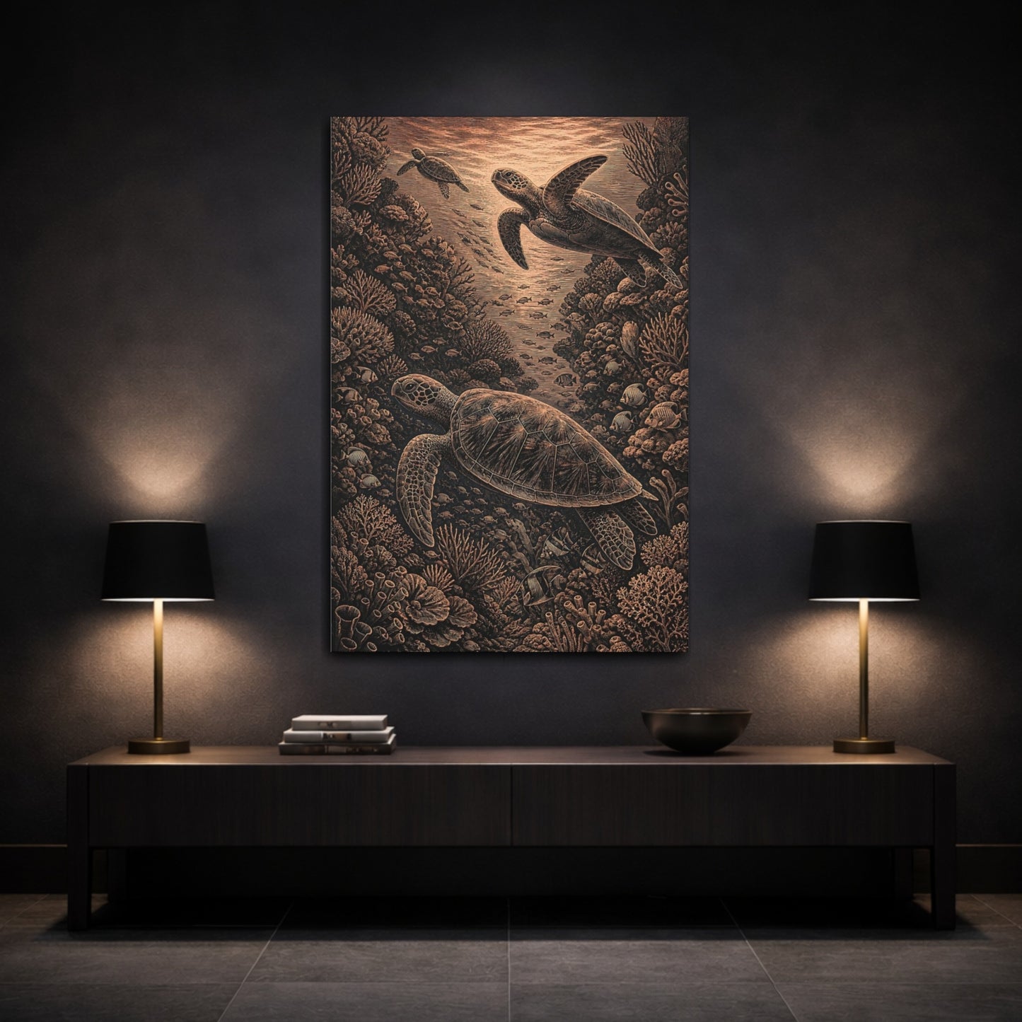 Mockup 3. Sea Turtle Coral Engraving shown as canvas print